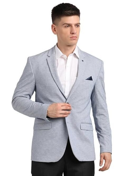 Turtle Men Knitted Notch Lapel Collar Light Blue Single Breasted Casual Blazer