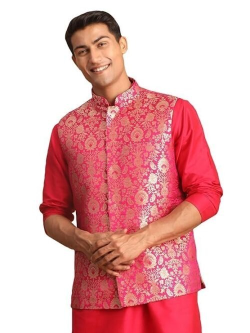 VASTRAMAY Men's Jaquard Nehru Jacket | Valentino Pink Edgy Jacquard Nehru Jacket For Men