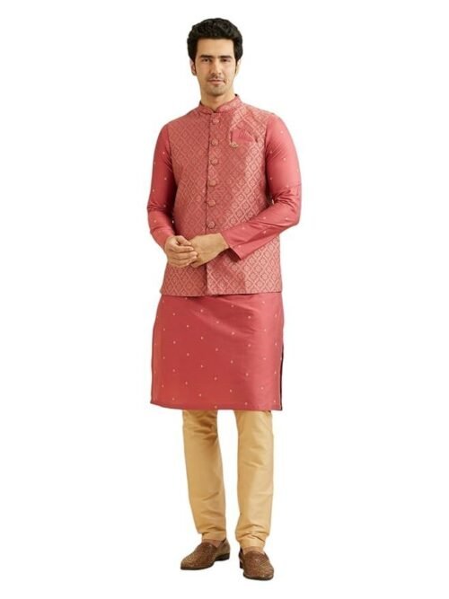 Manyavar Men's Art Silk Embroidered Kurta Jacket Pyjama Set