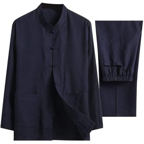 Men Cotton Linen Tai Chi Set Chinese Traditional Tang Suit Martial Arts Clothing Shirts Trousers Tai Chi Kung Fu Uniform Two Pieces Dark blue-Medium