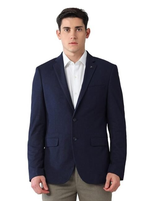 Arrow Men's Blue self-Design Notch Collared Long Sleeve Formal Polyester Slim Fit Blazer
