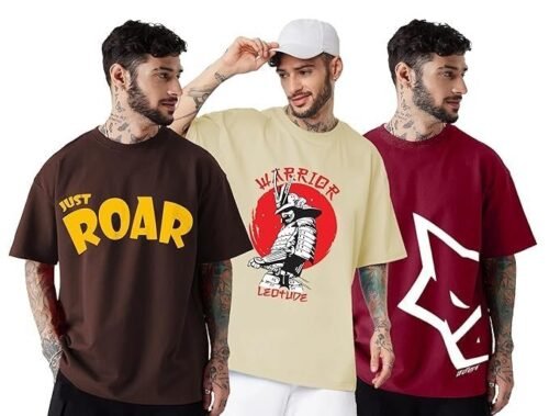 LEOTUDE Men's Cotton Regular Fit Half Sleeve Oversized Tshirt, Round Neck Longline Drop Shoulder | ful Printed Combo T-Shirt