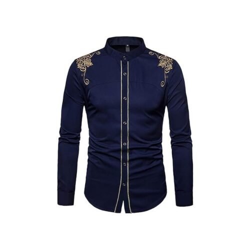 ZAFONI Men Shirts, Spring Style Solid Floral Embroidered Solid Dress Shirts Slim Fit Casual Long Sleeve Shirt