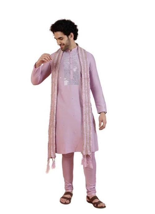 KISAH Men Onion Pink Embellished Kurta Churidar Dupatta Set with Mirror work