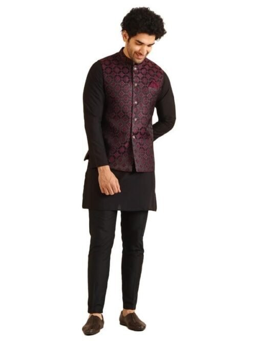 KISAH Men's Kurta Jacket Trouser Set, Burgundy Jacquard, Woven Design Regular Fit Mandarin Collar Long Sleeves
