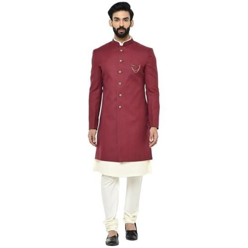 KISAH Men Maroon Solid Kurta Indo-Western Sherwani Set Indo-Western, Full Sleaves, Knee Length, Straight, Regular Fit, Mandarin Collar Ethnic wear