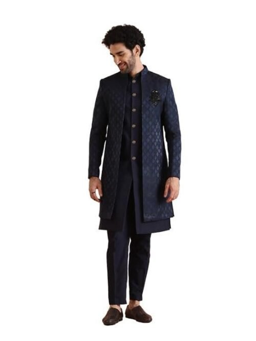 KISAH Mens Jacket Sherwani Trouser Set|Silk Blend Fabric Jacquard Pattern Indo-Western Sherwani Set for Men|Regular Fit Mandarin Collar Long Sleeves