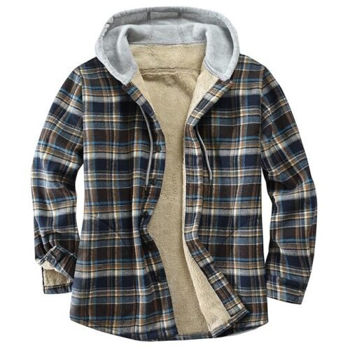 Derbars Men's Cotton Plaid Shirts Jacket Fleece Lined Flannel Shirts Sherpa Button Down Jackets with Hood for Men