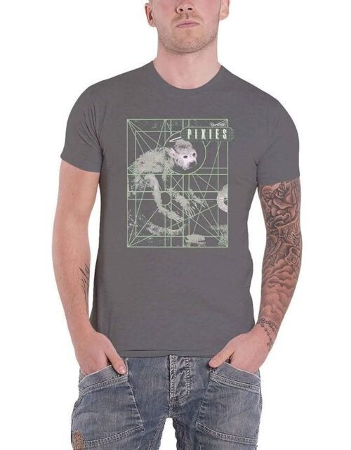Pixies Men's Monkey Grid Charcoal T-Shirt Dark Grey