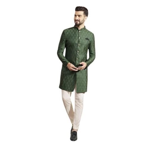 KISAH Men's Indo-Western Sherwani Trouser Set, Olive Silk Blend, Woven Design Regular Fit Mandarin Collar Long Sleeves