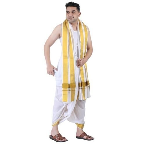 PRAKASAM COTTON Men Cotton Panjakejam (Ready To Wear) Casual Style Dhoti Towel Set With Pocket