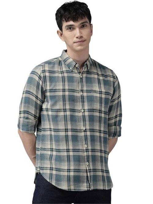 THE BEAR HOUSE Men's Checked Slim Fit Flannel Casual Shirt | Blue & White | TBH-BASTA-BL