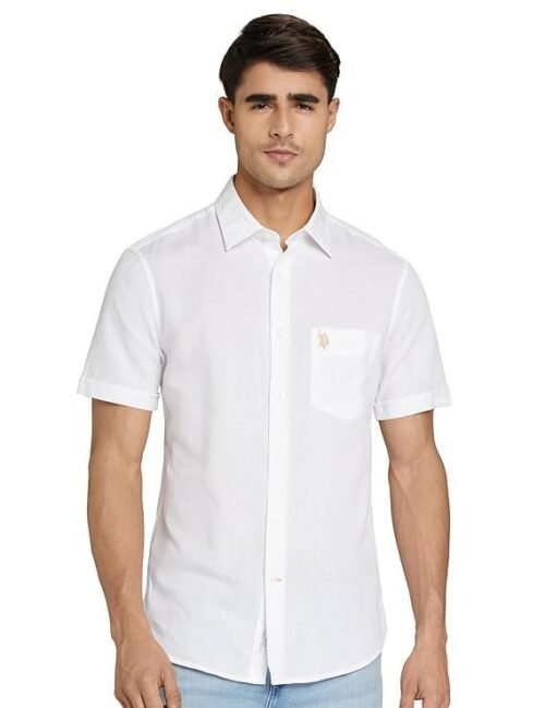 U.S. POLO ASSN. Men's Solid Cotton Linen Spread Collar Half Sleeve Shirts